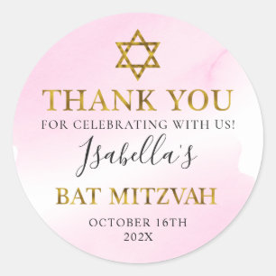 Aquarell Pastell Pink Gold Bat Mitzvah Vielen Dank Runder Aufkleber
