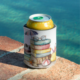AQUARELL-PASTELL-SOMMERSTRANDSZENE MIT BÜCHERN DOSENKÜHLER