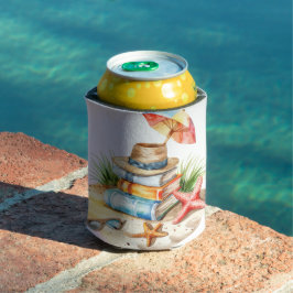 AQUARELL PASTELL SOMMERSTRANDSZENE MIT BÜCHERN DOSENKÜHLER