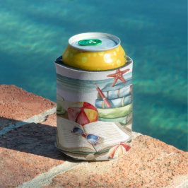 AQUARELL-PASTELL-SOMMERSTRANDSZENE MIT BÜCHERN DOSENKÜHLER