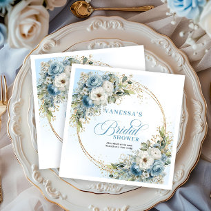 Aquarell Pastellblaue Blumen Goldrahmen Servietten