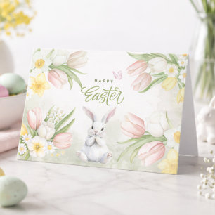 Aquarell Pastellrosa Tulpen Osterhase Feiertagskarte