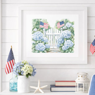Aquarell Patriotic Blue Hydrangea Hütte Garden Poster