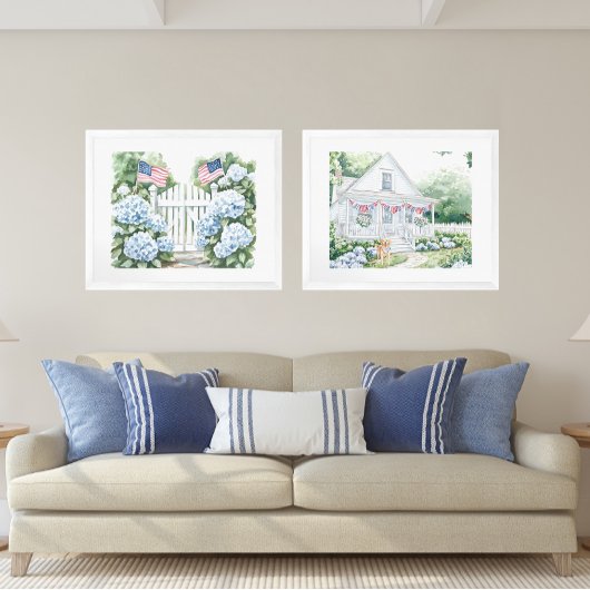 Aquarell Patriotic Blue Hydrangea Hütte Garden Poster