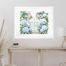 Aquarell Patriotic Blue Hydrangea Hütte Garden Poster