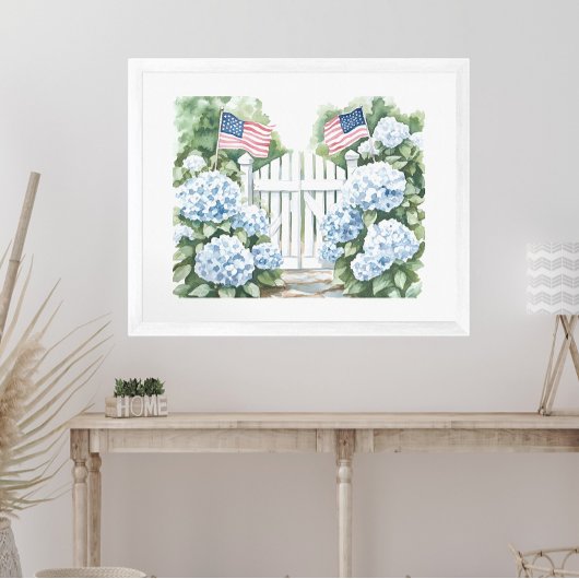 Aquarell Patriotic Blue Hydrangea Hütte Garden Poster