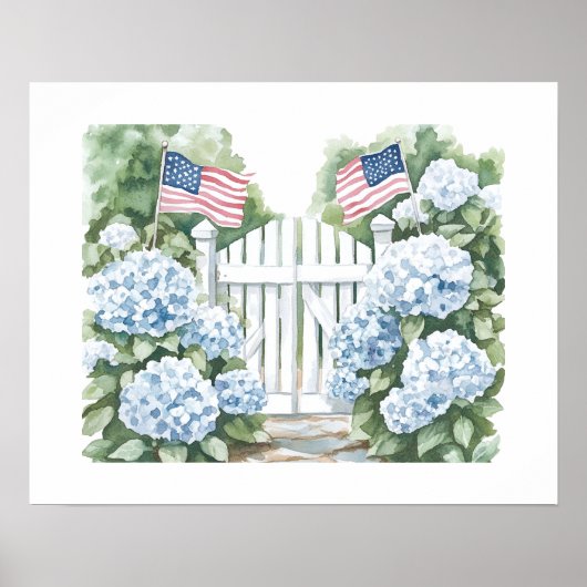 Aquarell Patriotic Blue Hydrangea Hütte Garden Poster (Vorne)