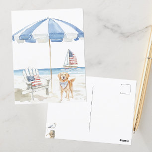 Aquarell-patriotischer Hund, Americana-Strandszene Postkarte