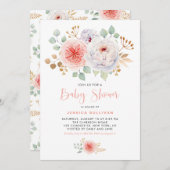 Aquarell Peach Peonies Gold Blätter Kinderdusche Einladung (Vorne/Hinten)