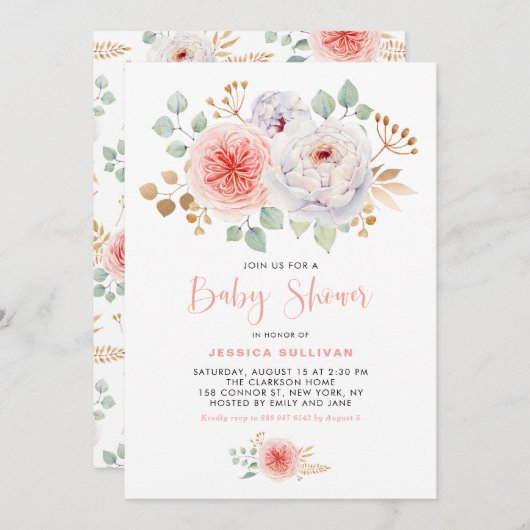 Aquarell Peach Peonies Gold Blätter Kinderdusche Einladung (Vorne/Hinten)