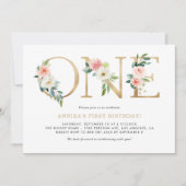 Aquarell Peach Pink Blume Gold Erstmalig Geburtsta Einladung (Vorderseite)