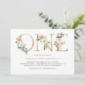 Aquarell Peach Pink Blume Gold Erstmalig Geburtsta Einladung (Stehend Vorderseite)