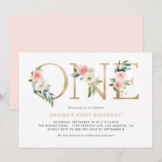 Aquarell Peach Pink Blume Gold Erstmalig Geburtsta Einladung (Vorne/Hinten)