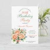 Aquarell Peach Rose Bouquet 90. Geburtstag Einladung (Stehend Vorderseite)