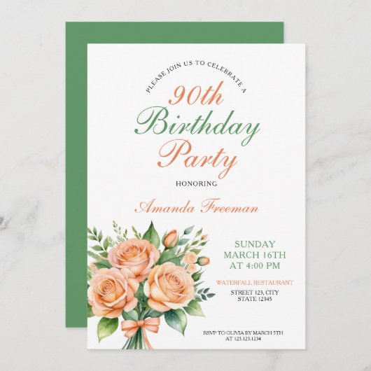 Aquarell Peach Rose Bouquet 90. Geburtstag Einladung (Vorne/Hinten)