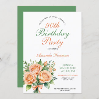 Aquarell Peach Rose Bouquet 90. Geburtstag Einladung