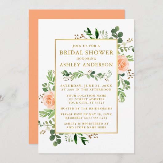 Aquarell Peach Rose Brautparty Grüne Einladung (Vorne/Hinten)