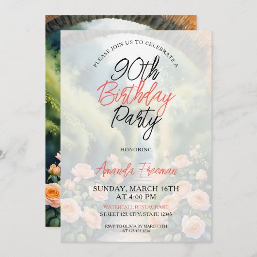 Aquarell Peach Rose Garten 90. Geburtstag Einladung (Vorne/Hinten)