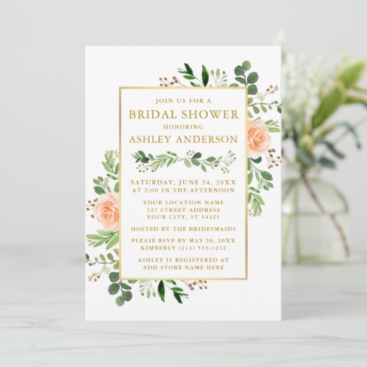 Aquarell Peach Rose Grünes Brautparty Gold Einladung (Stehend Vorderseite)