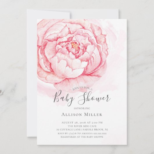 Aquarell Peonies Baby Dusche Einladung (Vorderseite)