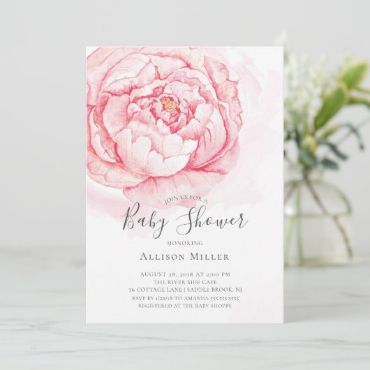 Aquarell Peonies Baby Dusche Einladung (Stehend Vorderseite)