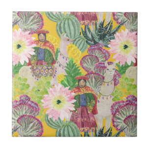 Aquarell-peruanisches Frauen-u. Lama-Muster Fliese