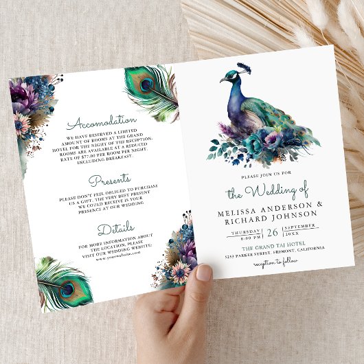 Aquarell-Pfau-Blumenfeder-QR-Code-Hochzeit Einladung