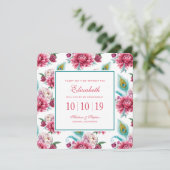 Aquarell-Pfau u. rotes Blumen - Brautjungfer Einladung (Stehend Vorderseite)