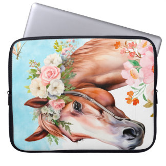 Aquarell-Pferd-Blumen-Laptop-Hülle Laptopschutzhülle