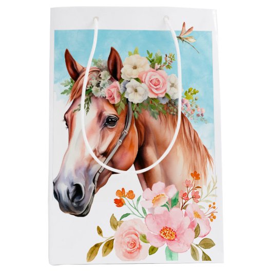 Aquarell-Pferd-Blumen Mittlere Geschenktüte (Vorderseite)