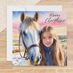 Aquarell Pferd und Mädchen Schnee Bild Weihnachten