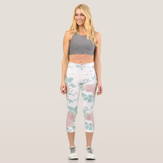 Aquarell-Pfingstrose- und Blätter-Leggings Capri Leggings