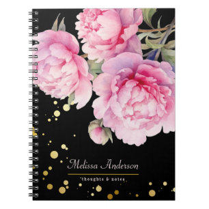 Aquarell-Pfingstrosen floral Elegant Schwarz Gold Notizblock