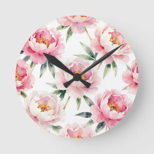 Aquarell-Pfingstrosen-Rosa-Blumenmuster Runde Wanduhr