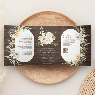 Aquarell-Pfirsich-Blumen-QR-Code-Scheunenholz-Hoch Dreifach Gefaltete Einladung