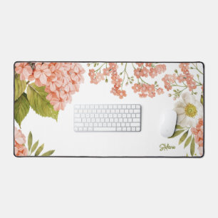 Aquarell-Pfirsich-Hortensien-Blumen personalisiert Schreibtischunterlage
