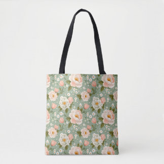 Aquarell Pfirsich und Grüne Blumenmuster Tasche