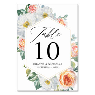 Aquarell-Pfirsich- und weiße Blumen-Goldrahmen-Hoc Tischnummer