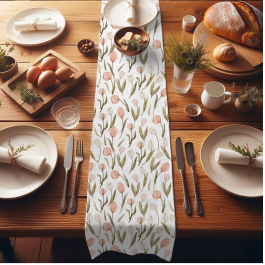 Aquarell Pfirsich Weißrosa Tulpen Osterfrühling Kurzer Tischläufer