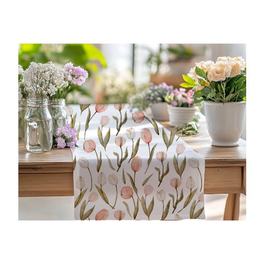 Aquarell Pfirsich Weißrosa Tulpen Osterfrühling Kurzer Tischläufer