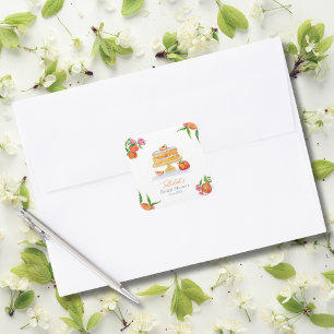 Aquarell-Pfirsichkuchen Mit Blüten Junggesellinnen Quadratischer Aufkleber
