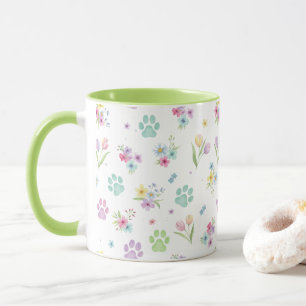 Aquarell-Pfotenabdrücke und Frühlingsblumen-Kaffee Tasse