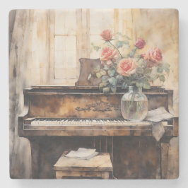 Aquarell-Piano & Rosen Vintage-Steincoster Steinuntersetzer
