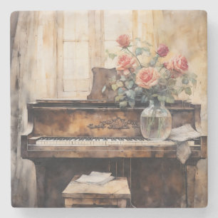 Aquarell-Piano & Rosen Vintage-Steincoster Steinuntersetzer