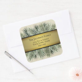 Aquarell Pine & Gold Ribbon Urlaubsadresse Quadratischer Aufkleber