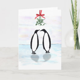 Aquarell-Pinguine mit Feiertags-Mistelzweig Feiertagskarte
