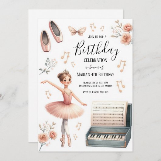 Aquarell Pink Ballerina Kindergeburtstag Einladung (Vorne/Hinten)