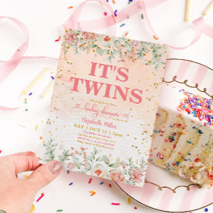 Aquarell Pink Blume Bloom Twin Girl Babydusche Einladung