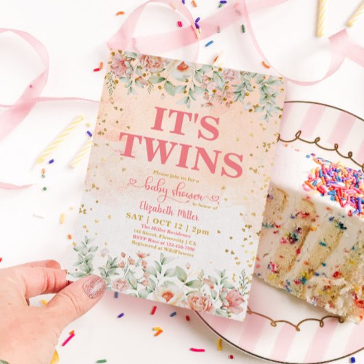 Aquarell Pink Blume Bloom Twin Girl Babydusche Einladung