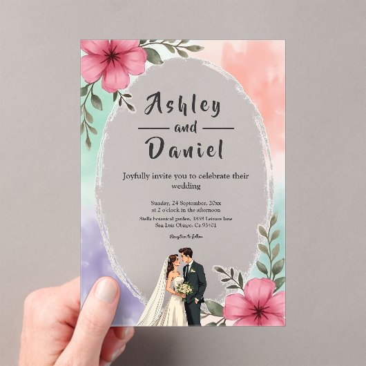 Aquarell Pink Blume Couple Boho Sommerhochzeit Acryleinladungen (Insitu (Handheld))